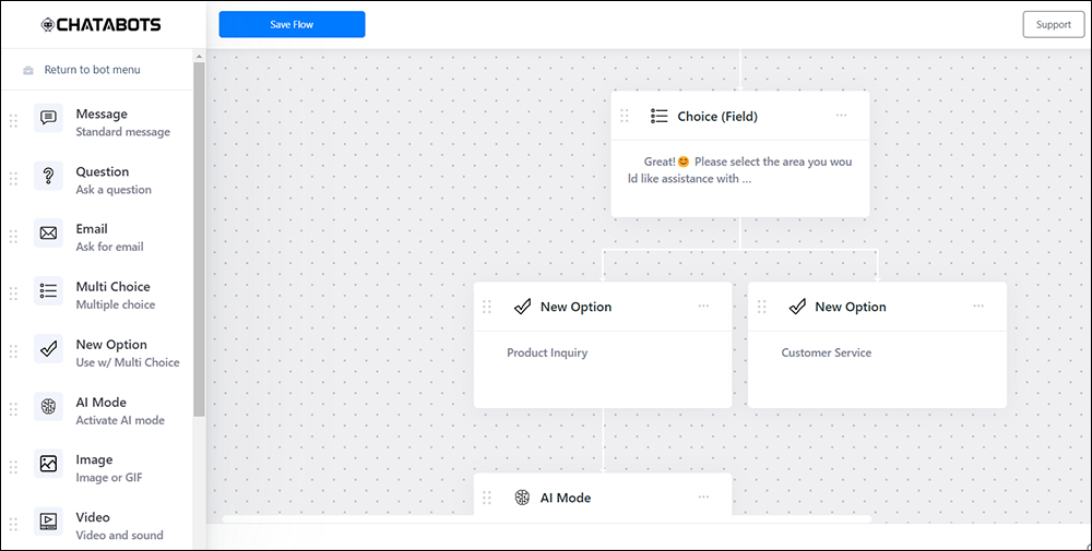 Chatbot flow builder screen.