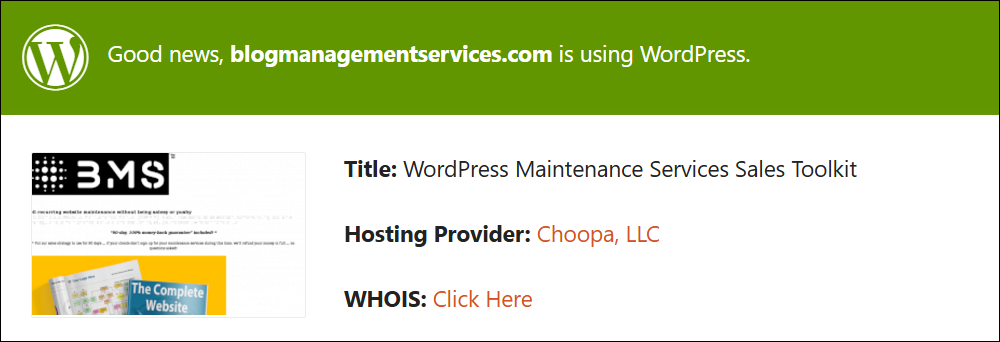 Screenshot of IsItWP result page.
