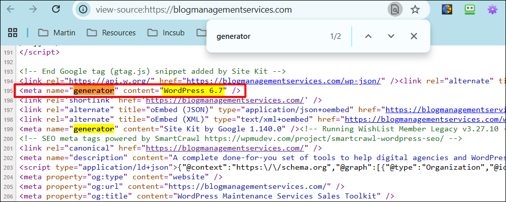 View Page Source - meta name=generator