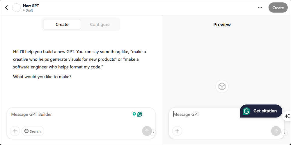 ChatGPT: Create section of the New GPT screen.