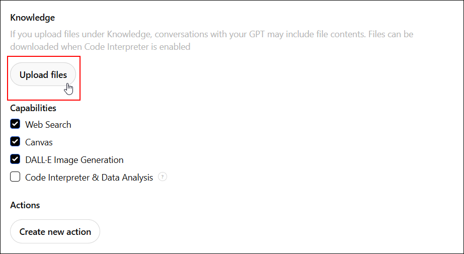ChatGPT: Custom GPT Upload files button selected.