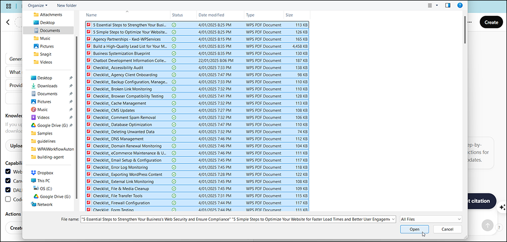 A list of dozens of PDF files selected for uploading into ChatGPT's custom GPT knowledge section.
