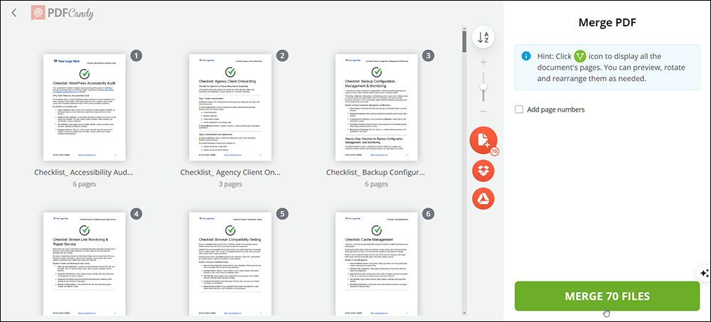 A screenshot of PDFCandy's Merge PDF feature with 70 pdf files selected to be merged into one file.