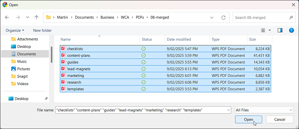 A list of seven large PDF files selected for uploading into ChatGPT's custom GPT knowledge section.