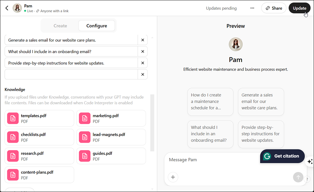 Custom GPT screen showing PDF files uploaded into the Configure section.