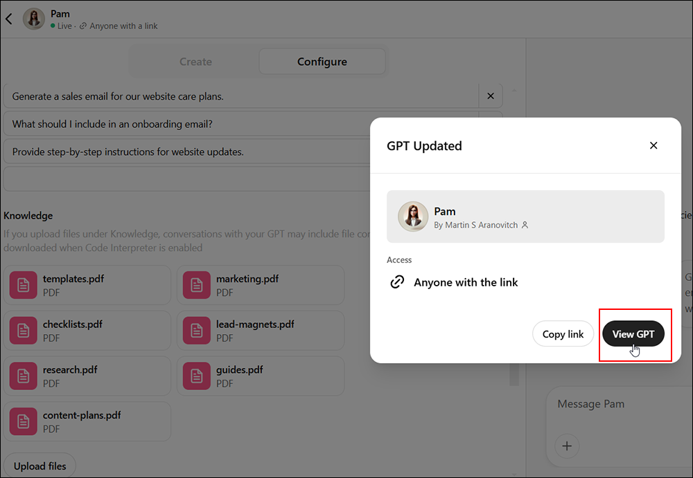 GPT Updated confirmation window displaying the updated GPT with View GPT button selected.