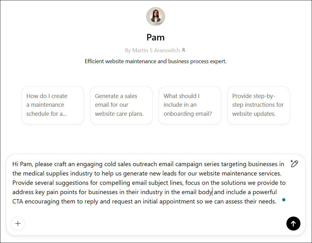 Custom GPT main screen showing GPT description, conversation starter prompts, and a custom prompt input into the prompt text area.