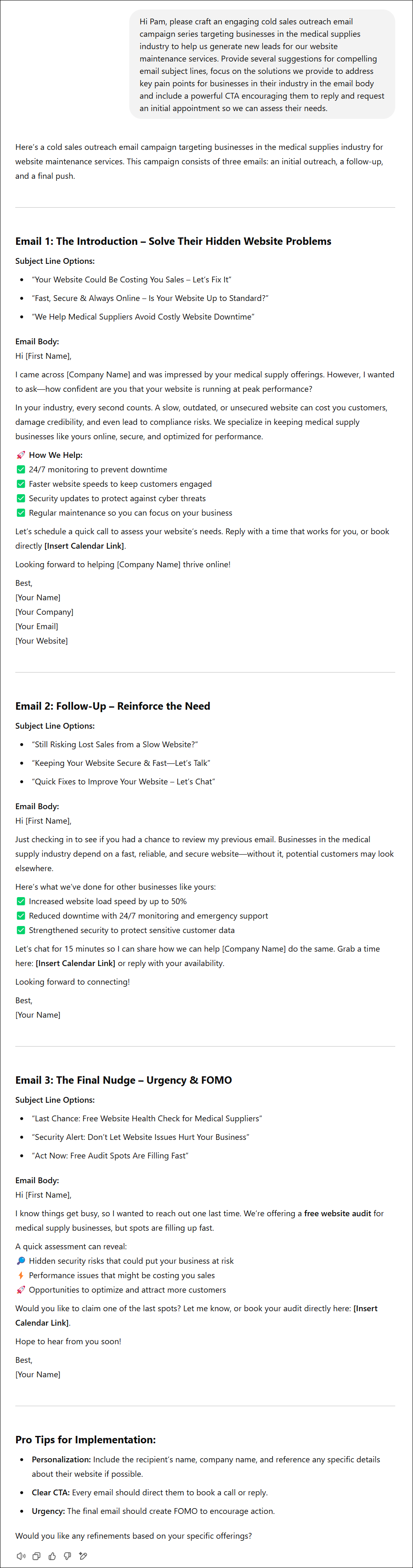 Screenshot of a Custom GPT's full reply to a prompt request for the creation of a lead generation cold email outreach campaign.