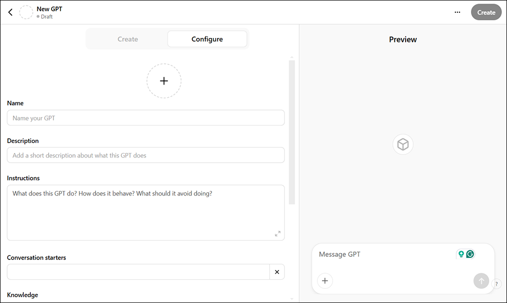 ChatGPT: Configure section of the create New GPT screen.