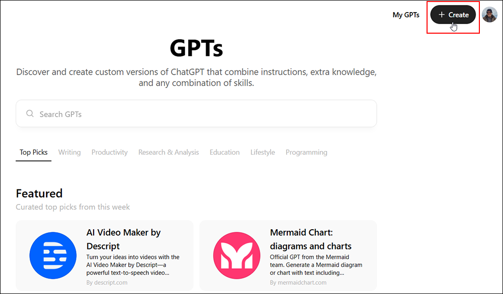 ChatGPT: + Create button in ChatGPT screen selected.