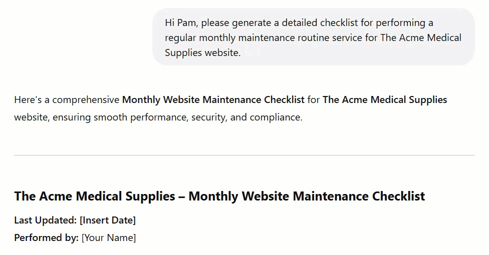 A scrolling screen capture GIF displaying a Custom GPT's full reply to a prompt request for the creation of a detailed maintenance services checklist.