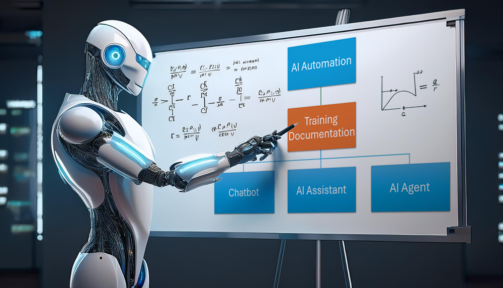 An AI humanoid pointing to a diagram showing the importance of documentation for AI automation like chatbots, AI assistants, and AI agents.