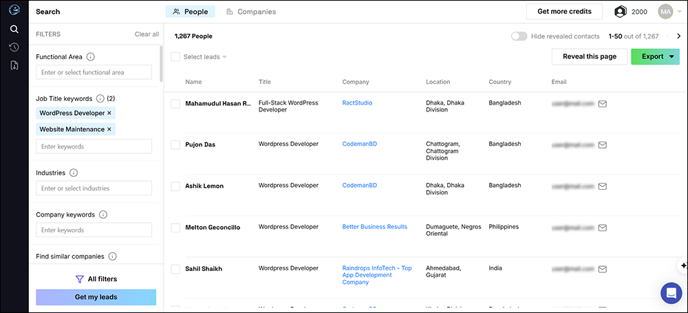 Muraena Lead Results screen.