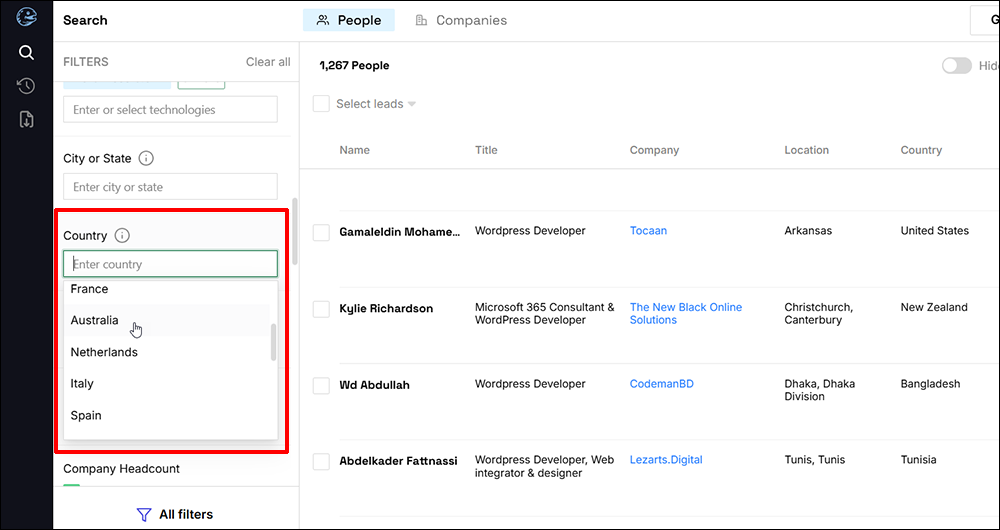 Muraena's country list dropdown menu.