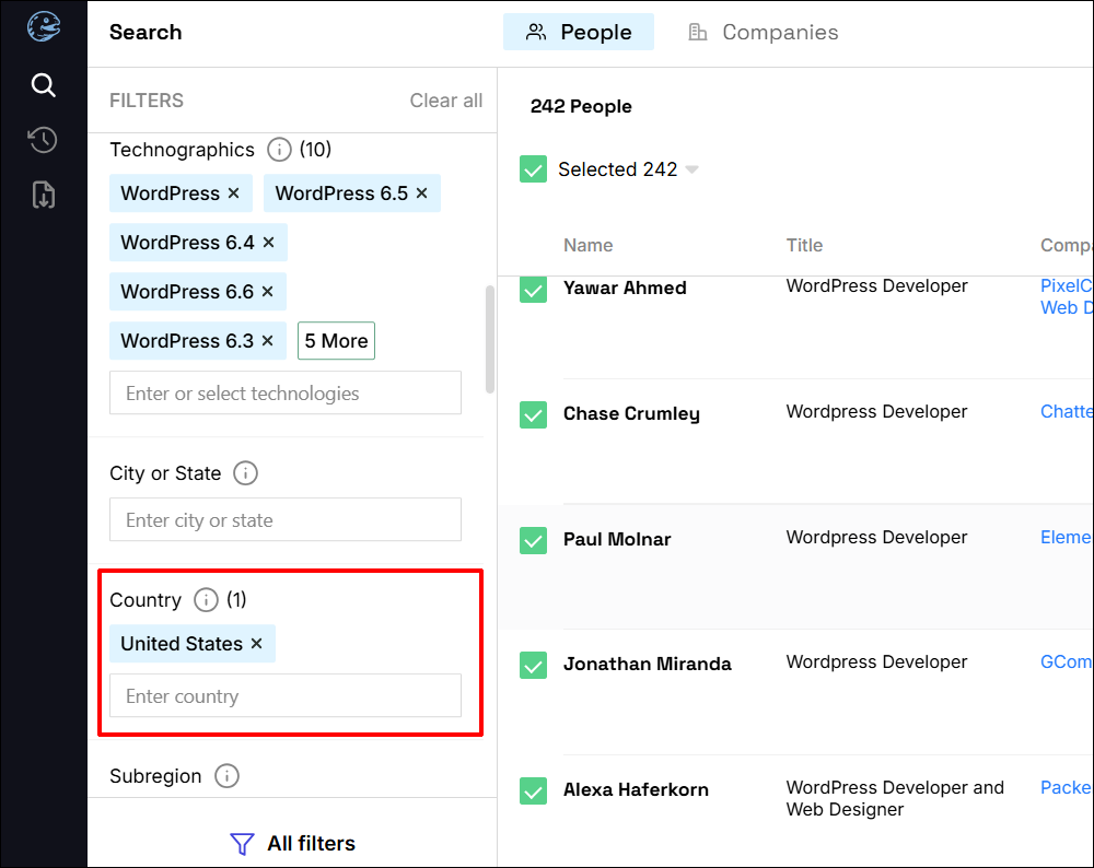 Muraena's filters with United States selected.
